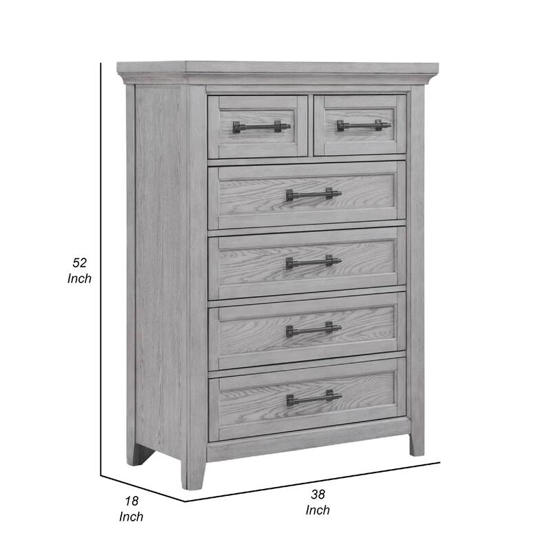 Bix Tall Dresser Chest, 6 Dovetail Drawers, Bronze Handles, Light Gray