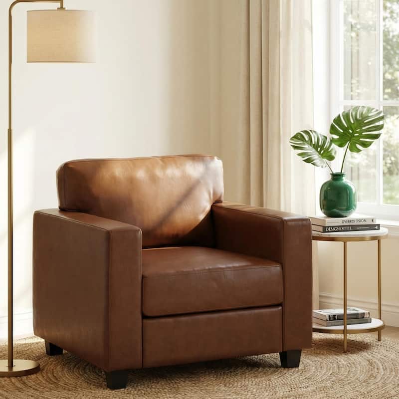 Christopher Knight Home - Harry Modern Upholstered Faux Leather Accent Armchair with Square Arms & High-Density Foam Seat