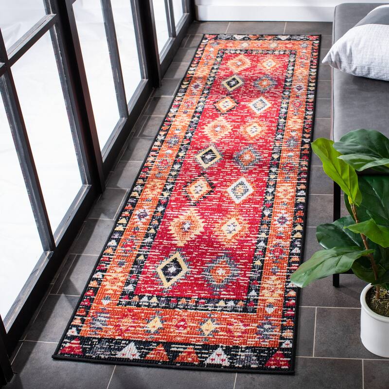 SAFAVIEH Montage Tiia Indoor/ Outdoor Waterproof Patio Backyard Rug - 2'3" x 8' Runner - Red/Black
