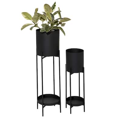 Metal Indoor Outdoor Planter with Lower Shelf and Removable Stand - Set of 2 Black - CosmoLiving by Cosmopolitan