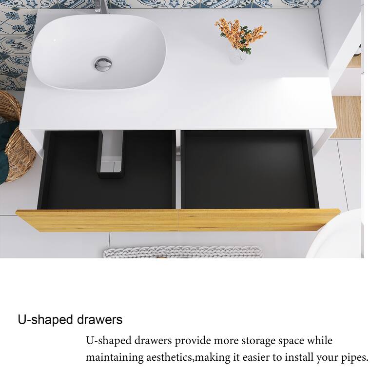 Floating Bathroom Vanity with Solid surface Top in F.OAK and Matte White