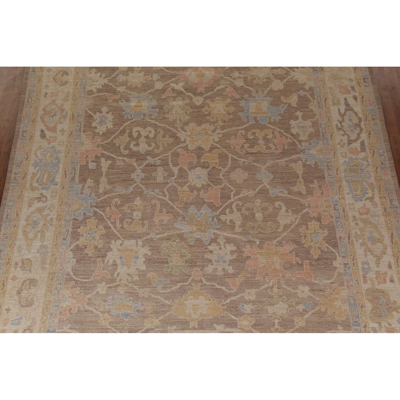 Floral Oushak Vegetable Dye Area Rug Hand-Knotted Brown Wool Carpet - 9'0"x 13'0"