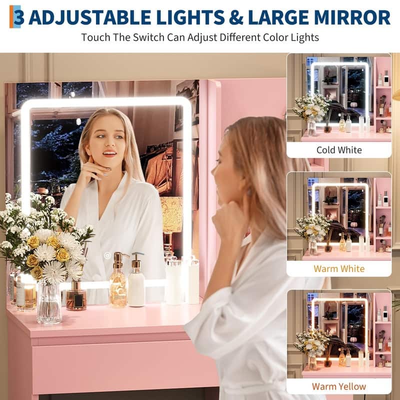 Vanity Desk with LED Mirror, Charging Ports, Storage Stool, Drawers, Hair Dryer Holder