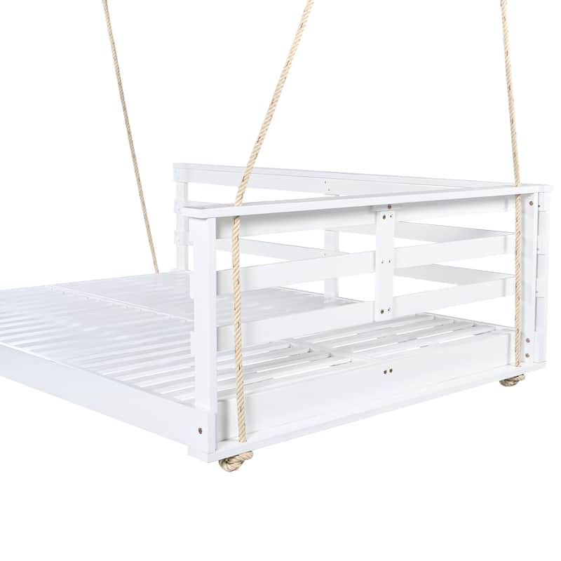 Acacia Wood Porch Swing Bed for Outdoor with Hemp Ropes - Full Size Hanging Bed, 350lbs Capacity, Open-Side Minimalist Design