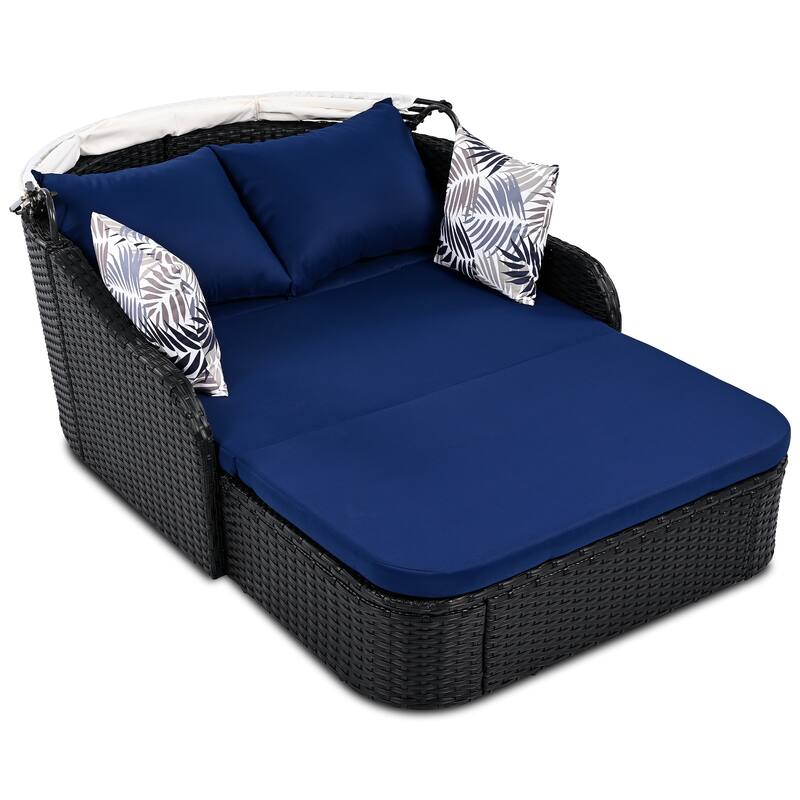 79.9" Outdoor Patio Sunbed, 2 Seater Lounge Chaise with Adjustable Canopy, All Weather PE Rattan Daybed with Removable Cushions