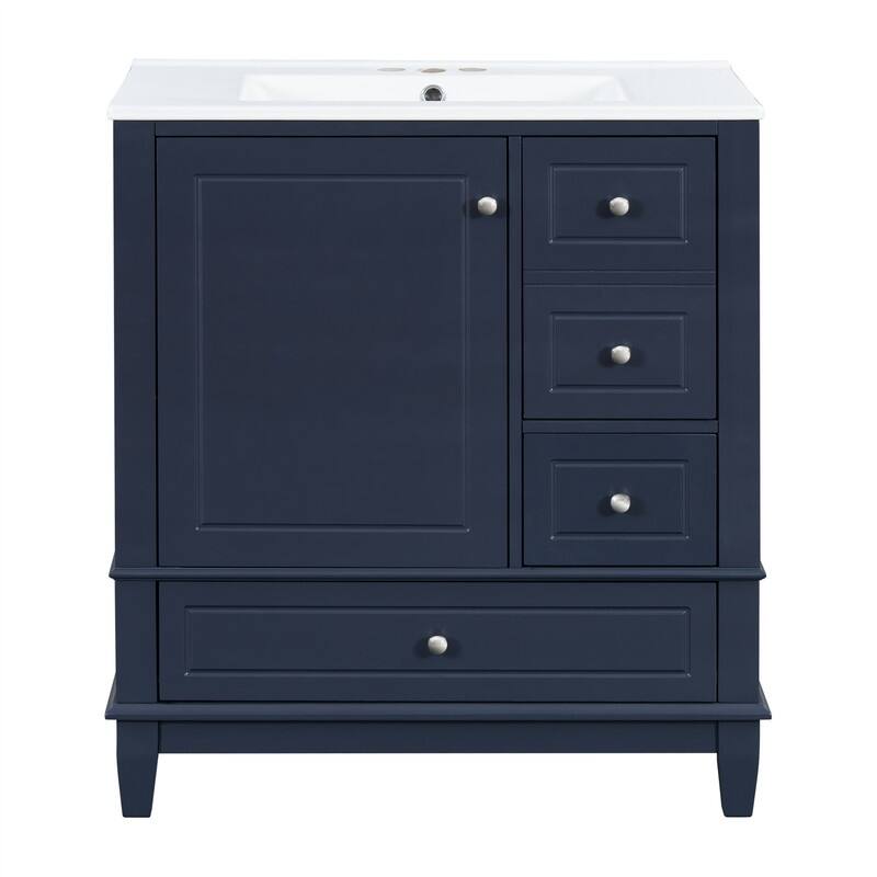 30" Bathroom Vanity with Ceramic Sink, Freestanding Bathroom Vanity Cabinet w/ 3 Storage Drawers, 1 Soft Close Door & Door Shelf