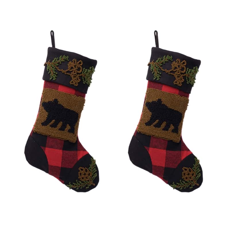 Glitzhome 19"L Plaid Hooked Stocking Reindeer Bear