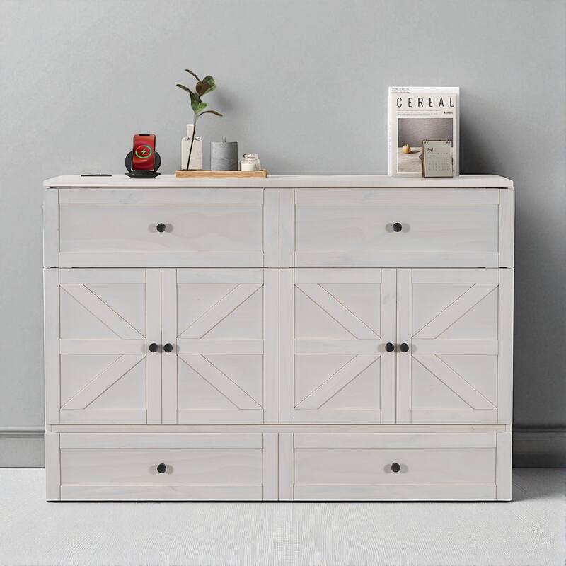 Space-Saving Full/Queen Murphy Bed with Headboard USB Charging Ports and Bottom Storage Drawers - White - Queen