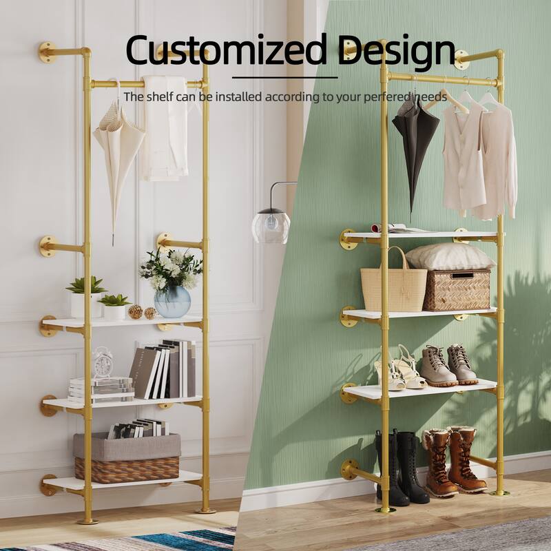 Industrial Pipe Clothes Rack Garment Stand for Walk-in Wardrobe with Shelves
