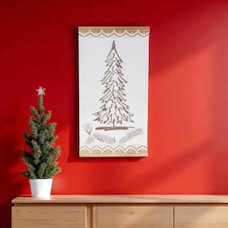 HomeRoots 19" X 10" Natural And White Wood Christmas Tree Hanging Wall Decor