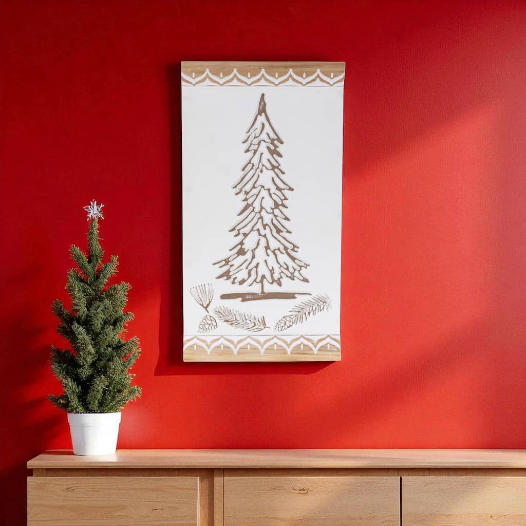 HomeRoots 19" X 10" Natural And White Wood Christmas Tree Hanging Wall Decor