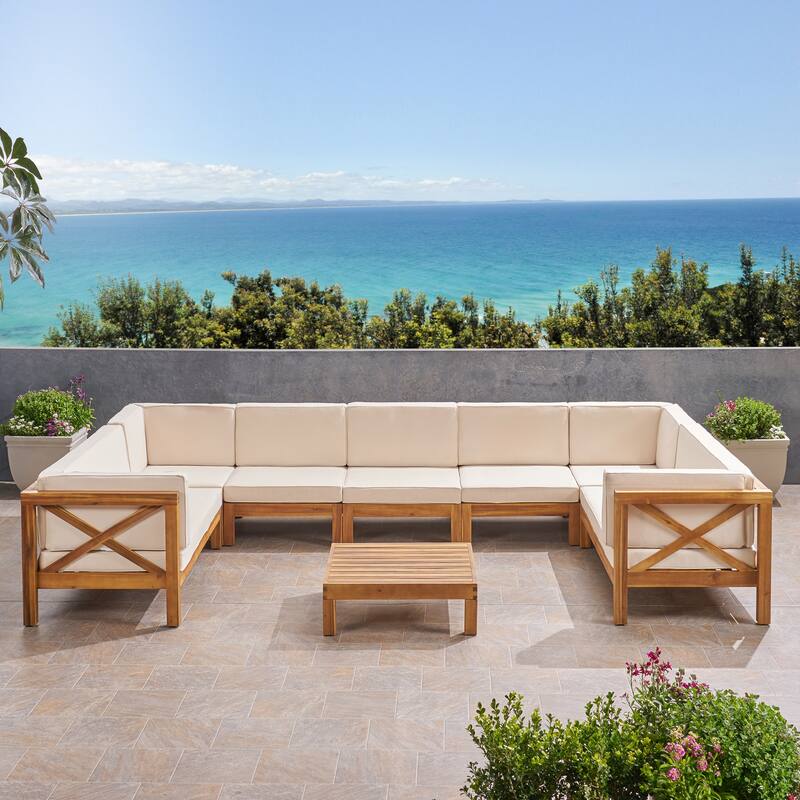 Brava Acacia Wood Sectional Sofa Set by Christopher Knight Home - Teak Finish/Beige