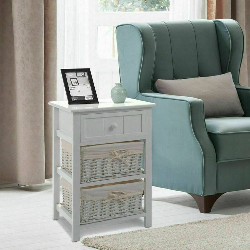 Set of 2 Paulownia Wooden Nightstand End Table with Wicker Drawer and Storage for Bedroom or Living Room