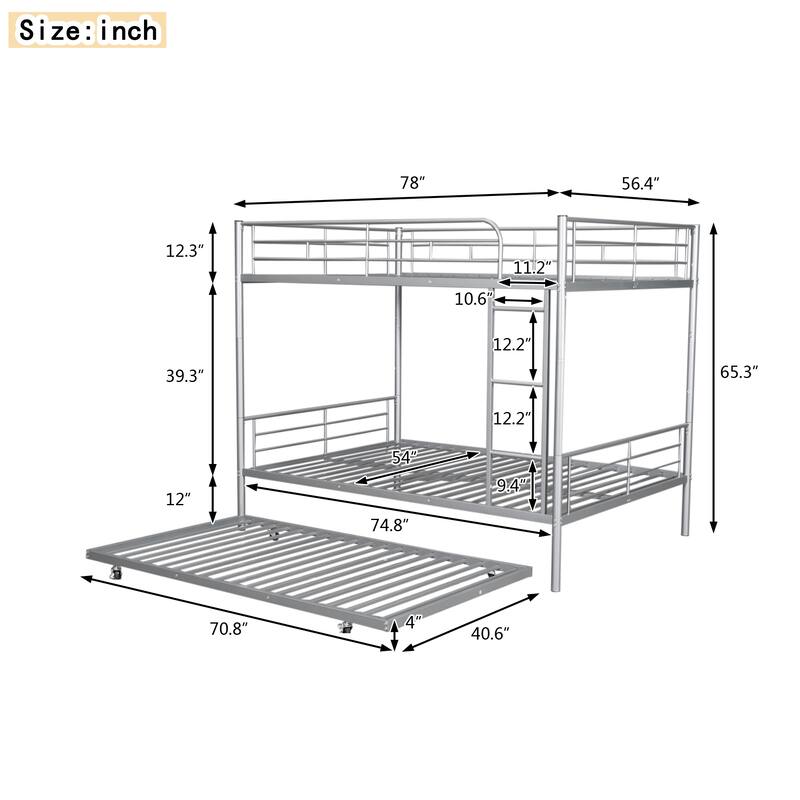 Full Over Full Metal Bunk Bed with Trundle, Silver Finish, Sturdy Iron Frame