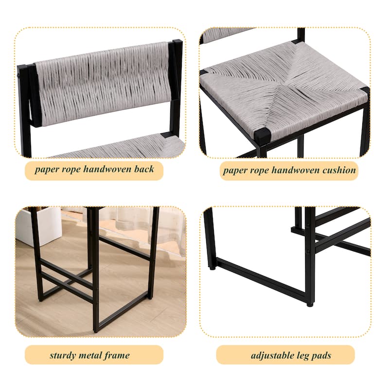 Bar Stools Set of 2, Paper Rope Weave Dining Chairs with Back, Hand Weave Stools for Kitchen Island, Bar & Counter