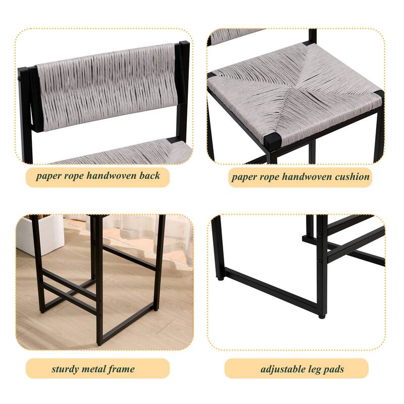 Bar Stools Set of 2 Paper Rope Weave Dining Chairs with Back Hand Weave Stools for Kichen Island, Bar & Counter