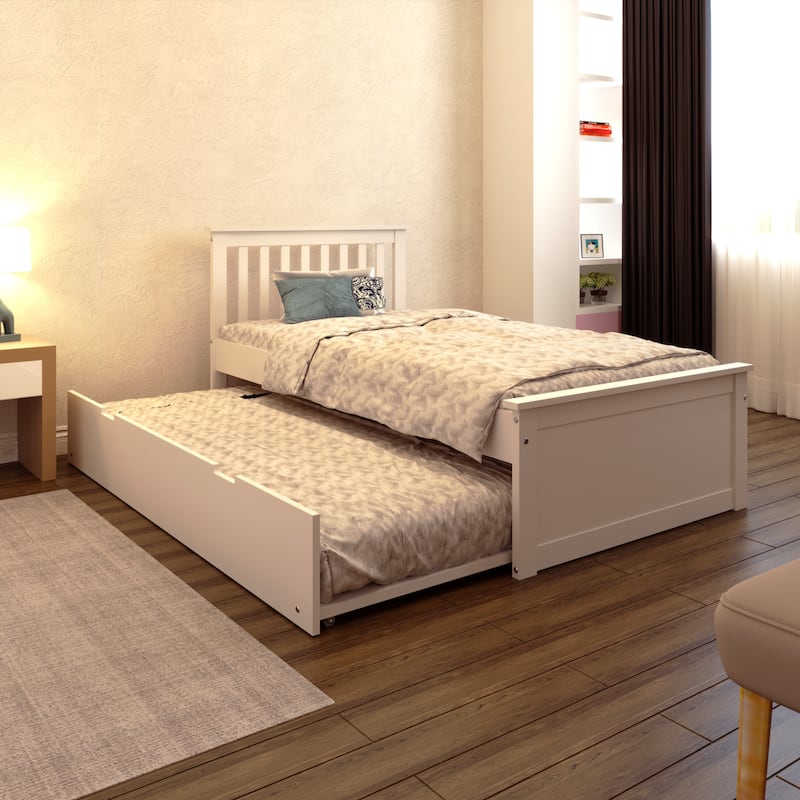 Twin Size Solid Wood Trundle Bed Frame with Pull-Out Toddler Bed and Heavy Duty Kids Bed