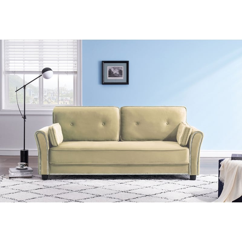 Beige Velvet Apartment Sofa adorned with Nail Head Trim and 2 Pillows