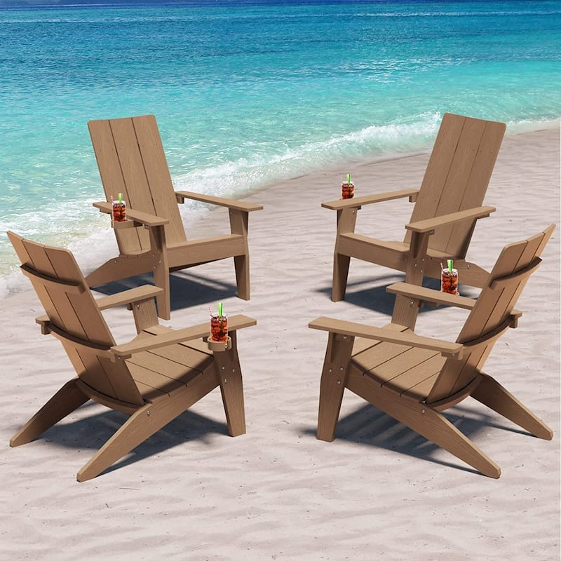 WINSOON All Weather HIPS Outdoor Adirondack Chairs with Cup Holder Set of 4 - Teak