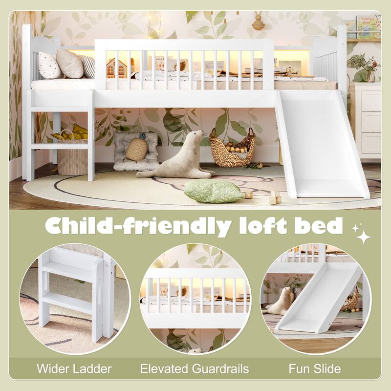 Roomfitters Twin XL Low Loft Bed with Storage Shelves and LED Lights, Solid Wood Frame