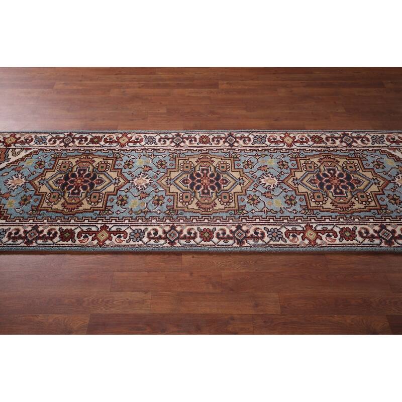 Light Blue Heriz Serapi Oriental Runner Rug Hand-Knotted Wool Carpet - 2'6"x 8'1"
