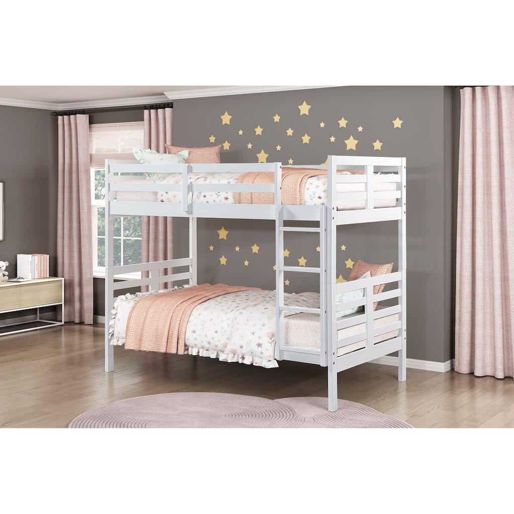 Classic White Twin Over Twin Bunk Bed with Guard Rails and Ladder, Durable Wood Construction