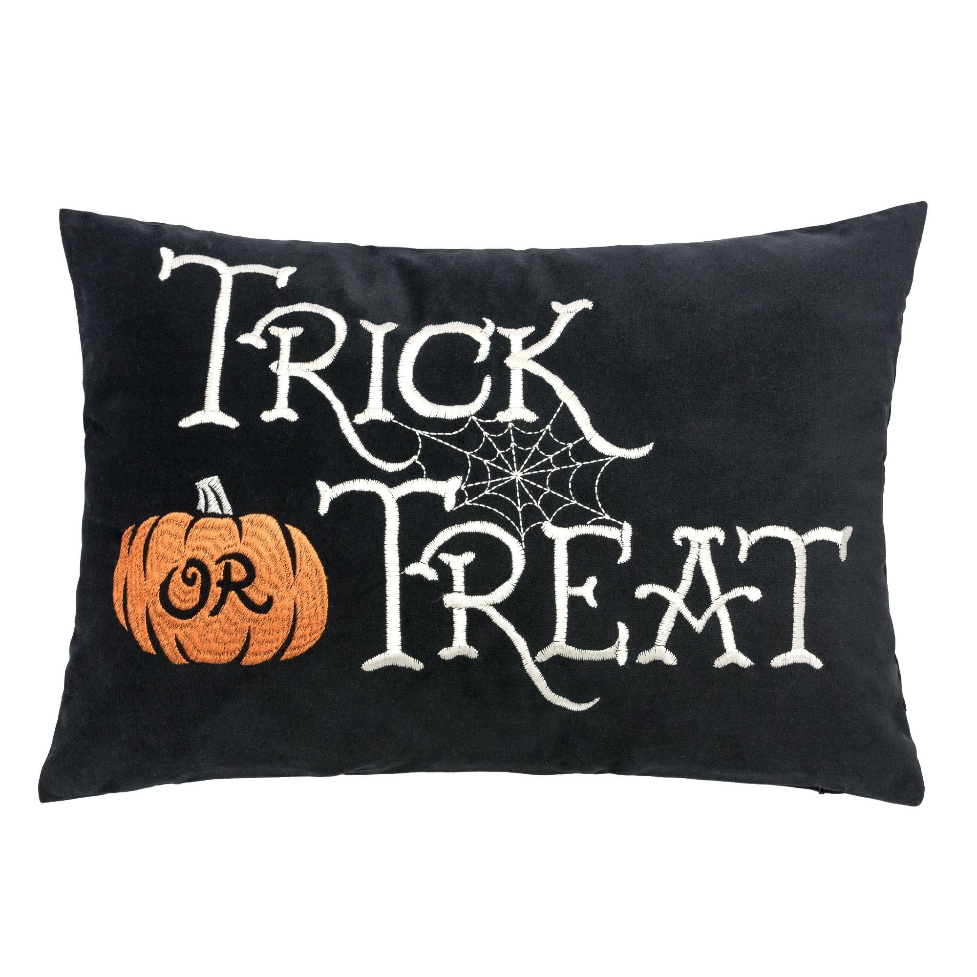 Trick or Treat Halloween Lumbar Pillow - Embroidered Black Cushion with Insert Set of 2