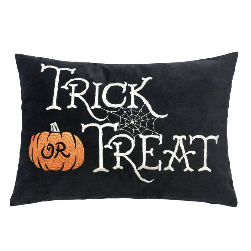 Trick or Treat Halloween Lumbar Pillow - Embroidered Black Cushion with Insert - Black