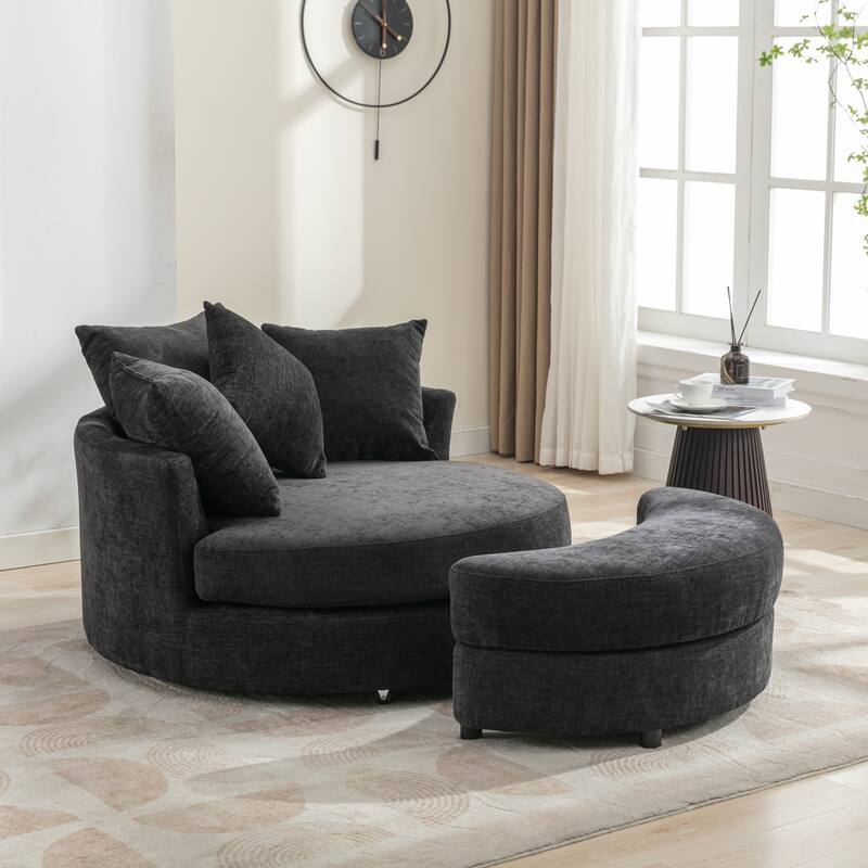 Roomfitters Modern 360° Swivel Barrel Chair with Hidden Storage Ottoman, Chenille Upholstery and Four Pillows