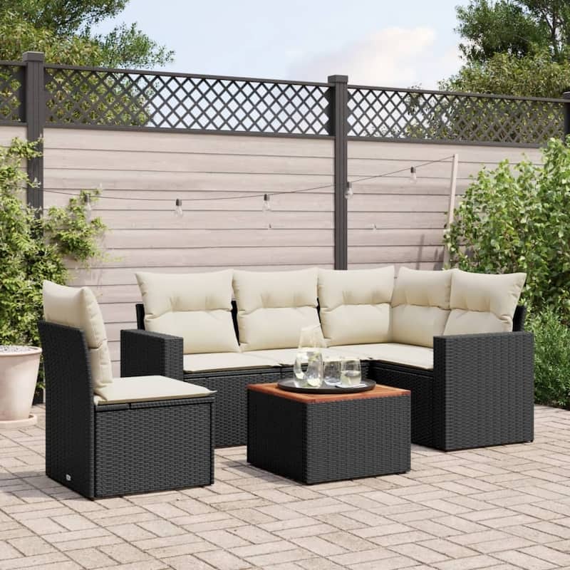 vidaXL Patio Sofa Set with Cushions Outdoor Furniture 6 Piece Poly Rattan - Black and Cream-2x middle+table+1x corner - 21.7 x 21.7 x 14.6
