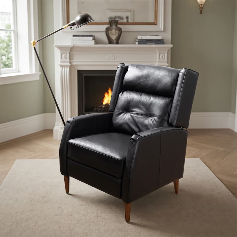 Art Leon Mid-century Modern Recliner, Lounge Chair with Wood Frame - Black Faux Leather