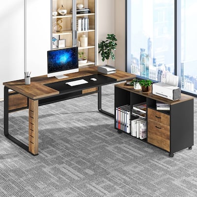 L-Shaped Computer Desk, 59 inch Executive Office Desk Workstation with Letter Size File Cabinet