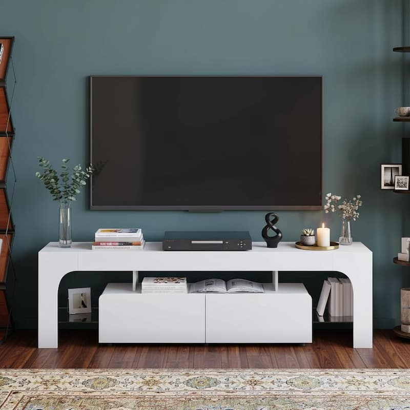 TV Stand with LED Lights, with 2 Drawer & Open Shelf - White