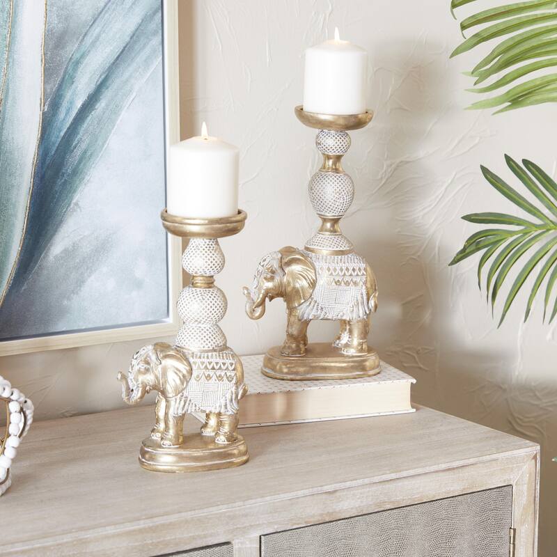 Polystone Elephant Candle Holder with White Wash Finish - Set of 2 - Roche River Decor