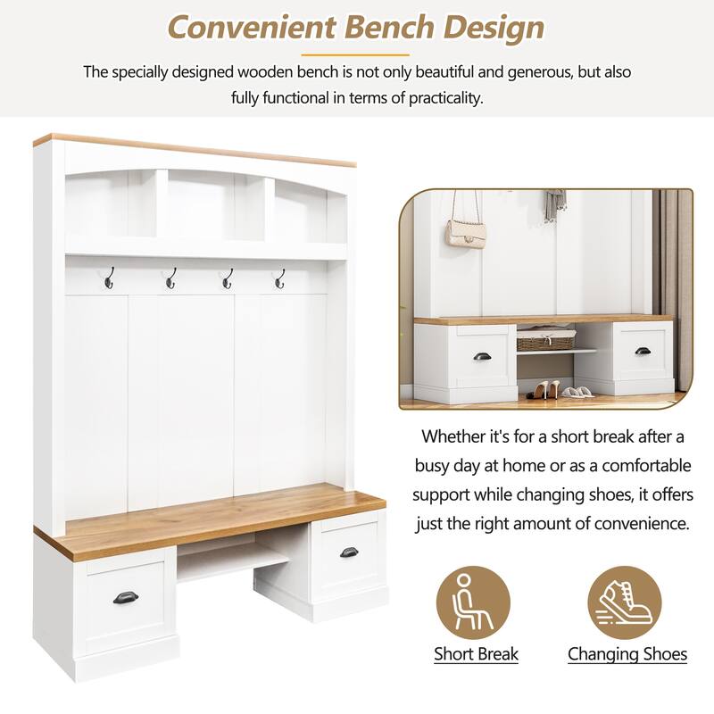 4-in-1 Hall Tree with Wood Grain Bench and Top, Coat Rack with Hooks and Shell Handles, Mudroom Bench with Adjustable Shelves