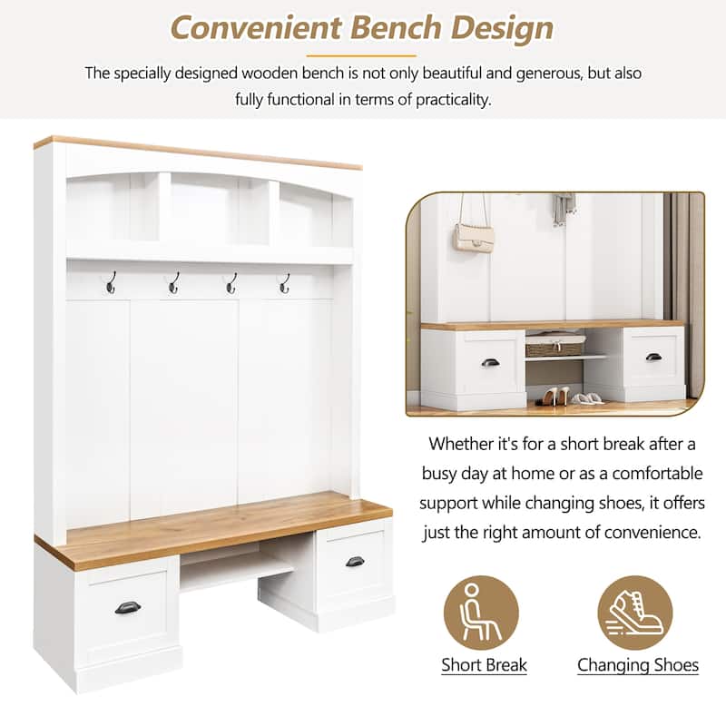 55.1 in Wide Farmhouse Hall Tree, Wood Grain Bench & Top, 4-in-1 Entryway Coat Rack with Adjustable Shelves