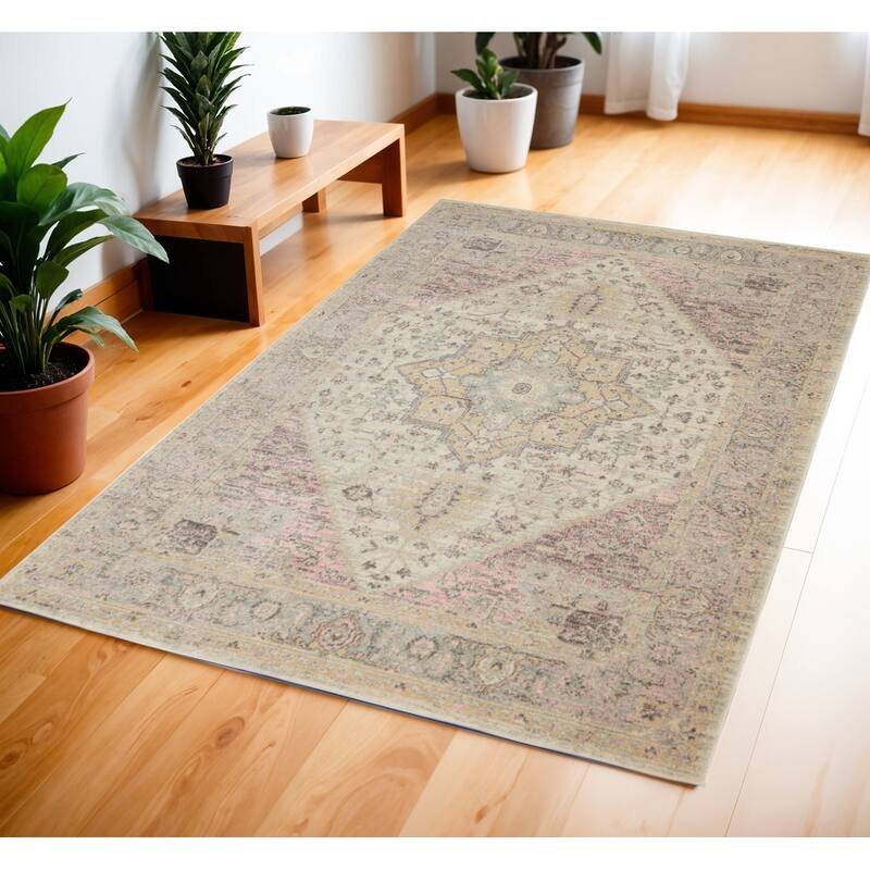HomeRootsFloral Transitional Rectangle Area Rug - 72' X '48' X '0.5 - 72' X '48' X '0.5 - Pink/Ivory/Gray