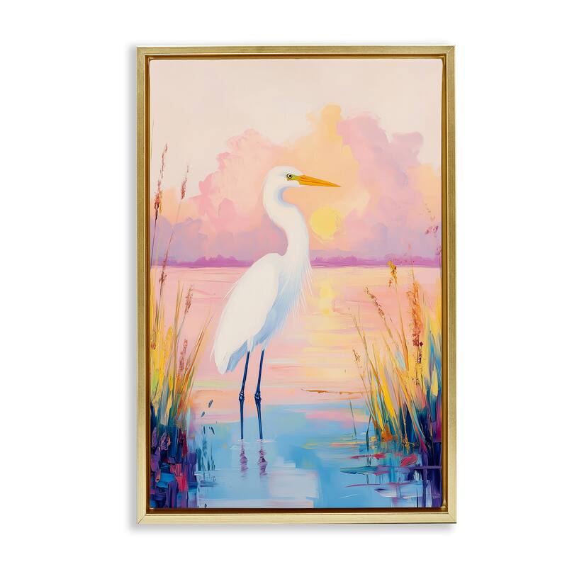 Stupell Egret under Beaming Sunset Framed Floater Canvas Wall Art Design By Arlington Prints - 21 x 31 - Gold