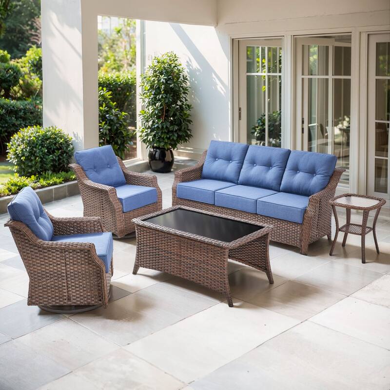 Artisan Patio Brown Wicker Sofa Conversation Set with 6-Inch Thick Cushions - Navy Blue - 5-Piece