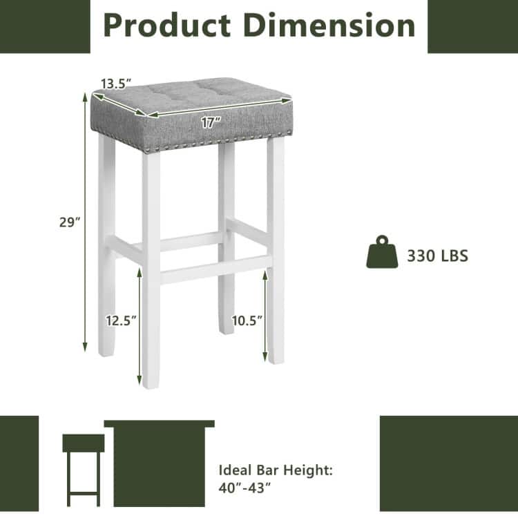 2 Pieces Counter Height Bar Stools with Sponge Padded Cushion - 17" x 13.5" x 24.5"/17" x 13.5" x 29" (L x W x H)