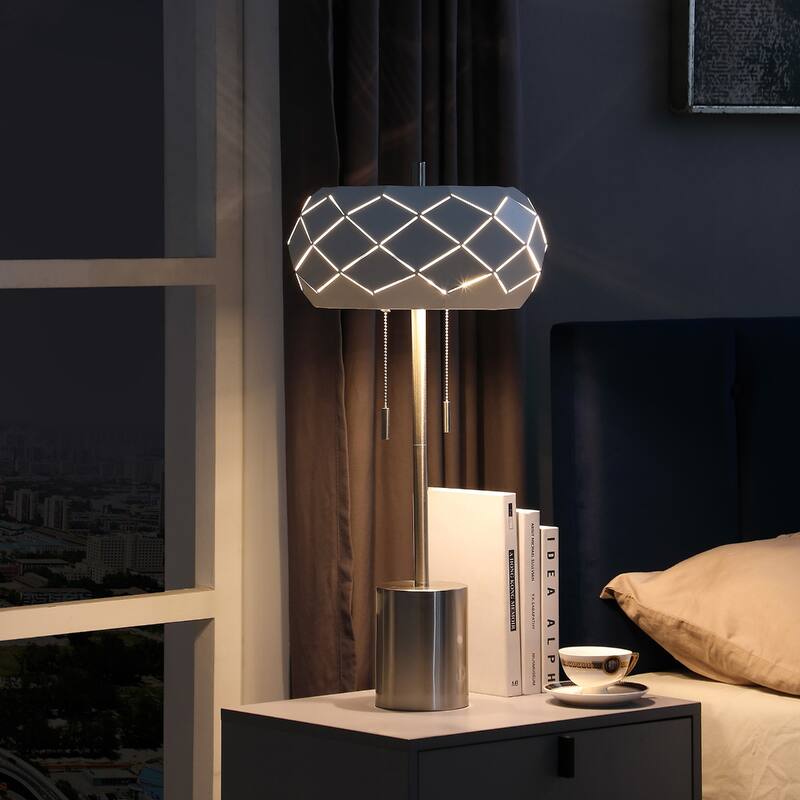 Stylish 28" Silver Metal Table Lamp with Geometric Laser Cut Design - 13” x 13” x 28” - Silver-White