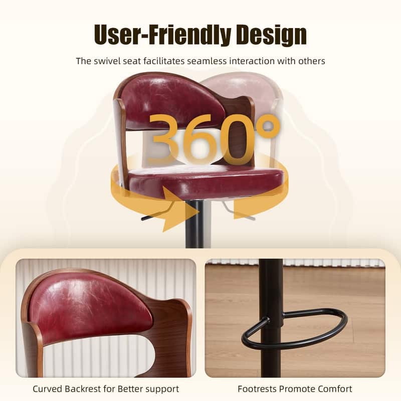 PU Leather Upholstered High-resilience Cushion 360° Swivel Adjustable Height Bar Stools with Footrest(set of 2)