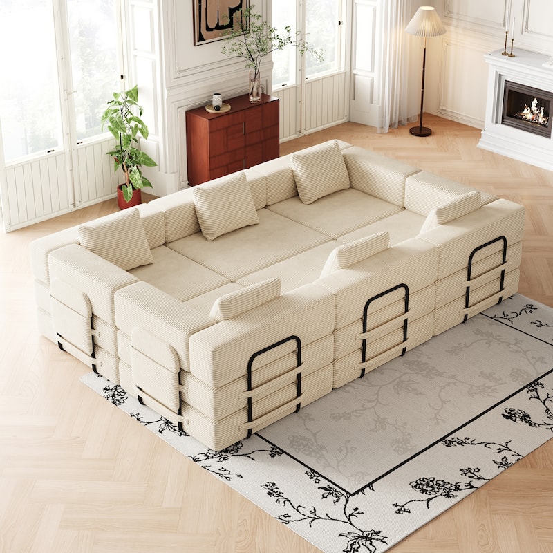 Corduroy Folding Loveseat Couch Set of 3 Convertible Sleeper Sofa Bed with Side Pockets, Modular Floor Mats with Anti-slip Pads