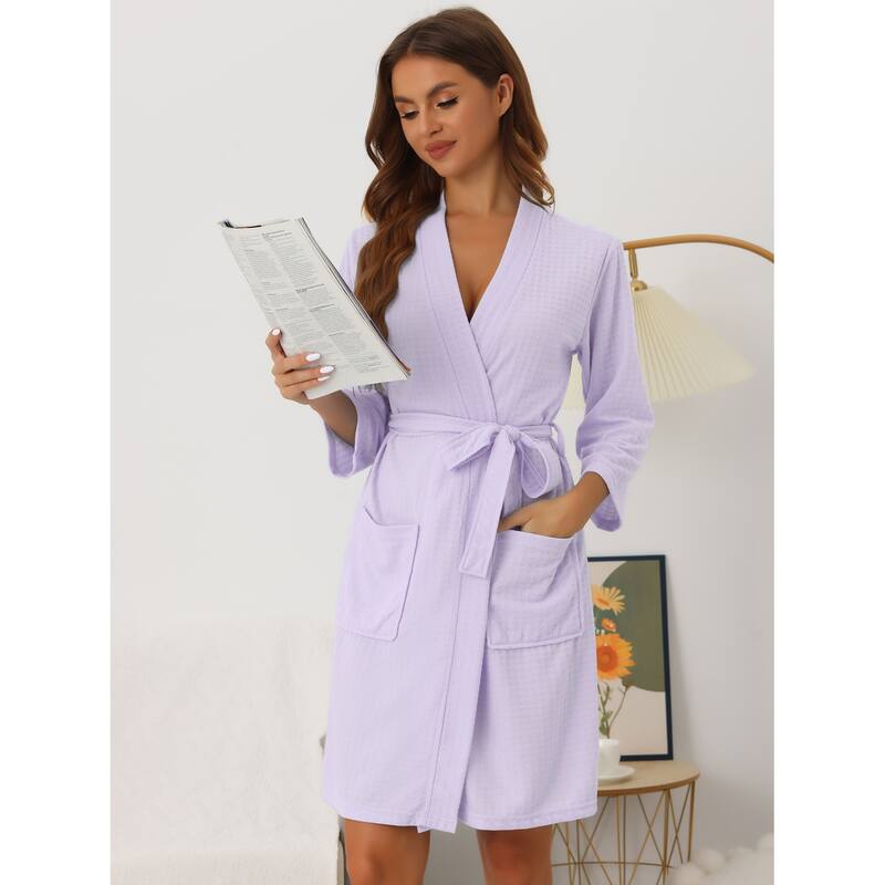Womens Waffle Bathrobe Soft Kimono Spa & Bath Mid-Length Robes - Purple - M