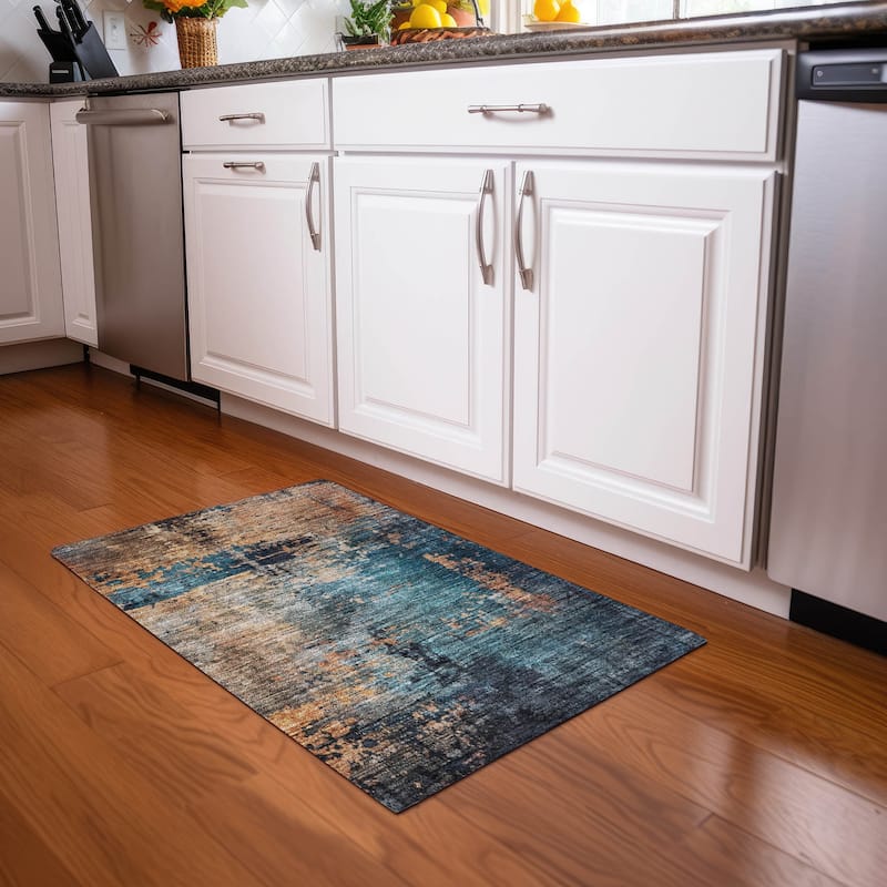 Machine Washable Indoor/ Outdoor Abstract Contemporary Chantille Rug - Teal - 1'8" x 2'6"