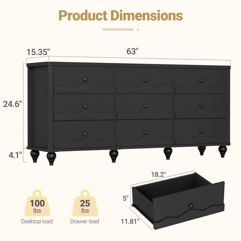 Modern 9-Drawer Dresser Closet Organizer, 63-In Chest of Drawers TV Stand