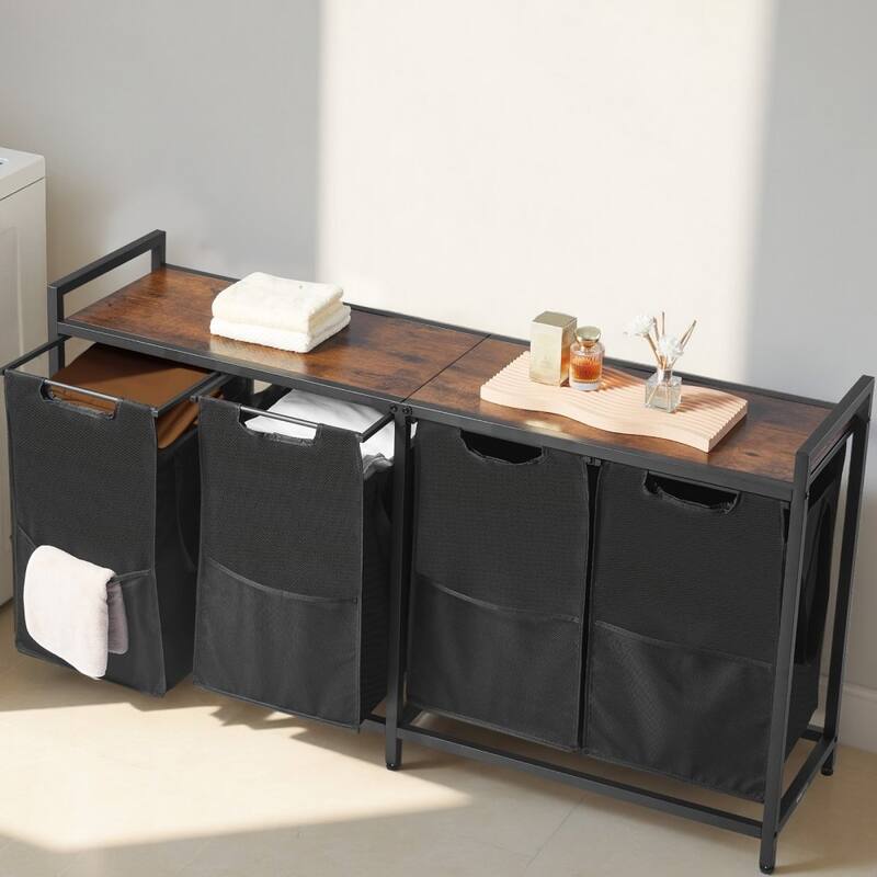 4-Compartment Laundry Hamper with Waterproof Fabric Bags and Carbon Steel Frame 48.68 Gal Capacity - 51.65 x 12.99 x 27.95 in