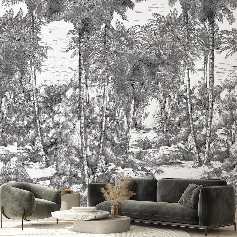 Monochrome Jungle Hand-Drawn Tropical Wallpaper Mural