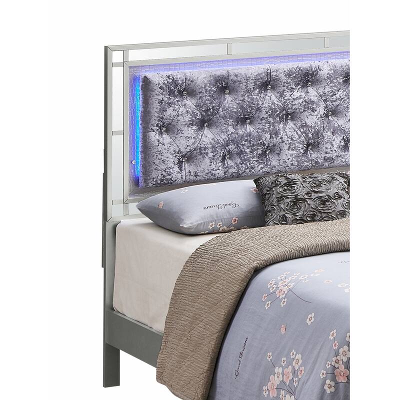 LED Lighted Velvet Tufted Full Panel Bed - 79" - Silver Champange Finish