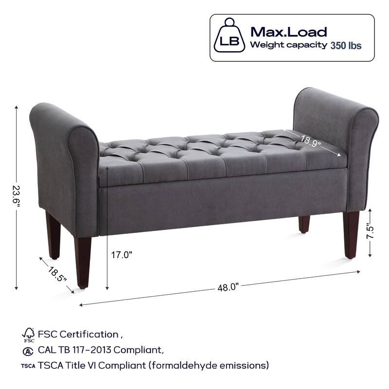 Arm Fabric Storage Ottoman Bench with Solid Wood Legs, 48"W x 18"D x 23"H